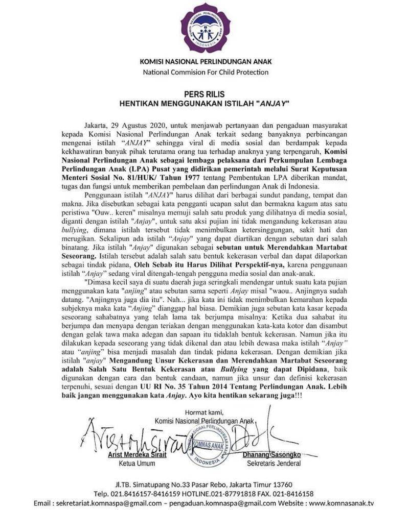 Surat edaran larangan penggunaan 'anjay' dari Komnas Perlindungan Anak - Instagram.com/komnasanak