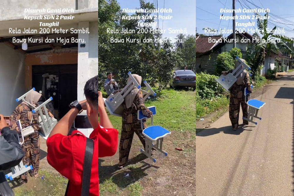 Seorang Mama Bawa Meja Baru ke Sekolah