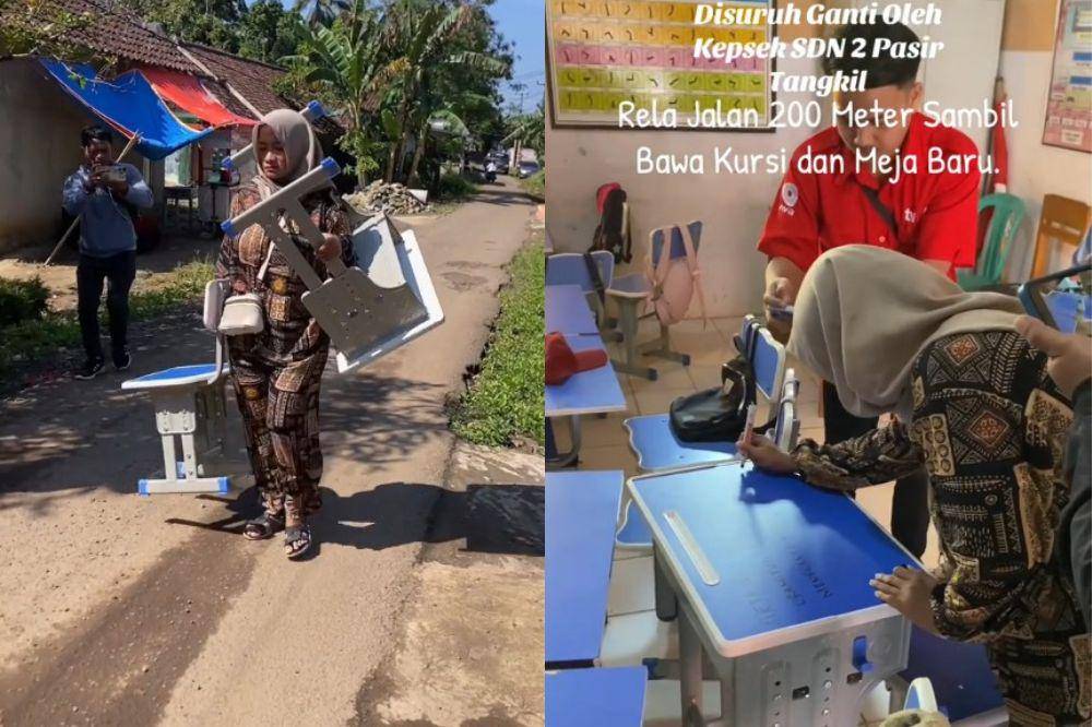 Seorang Mama Bawa Meja Baru ke Sekolah
