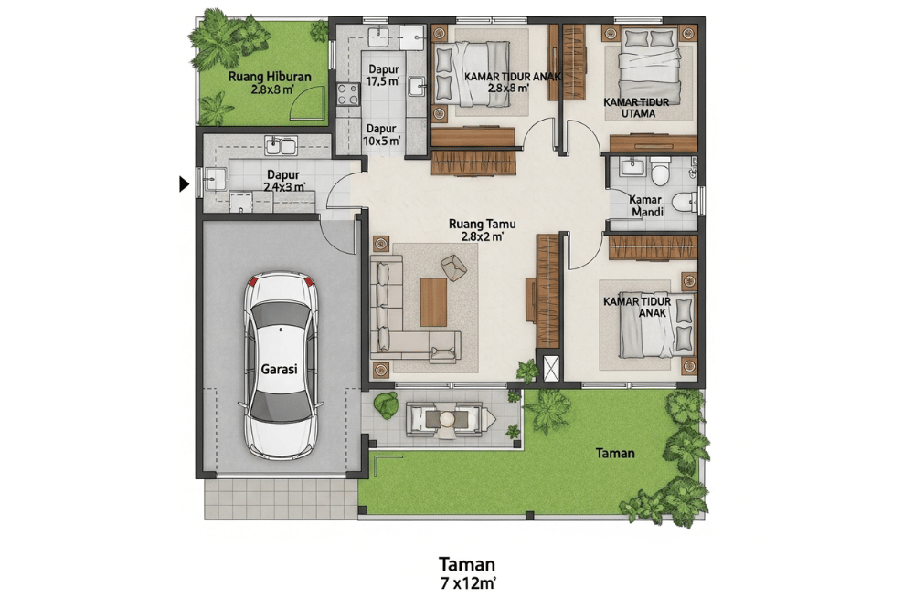 Ide Denah Rumah 3 Kamar Ukuran 7x12