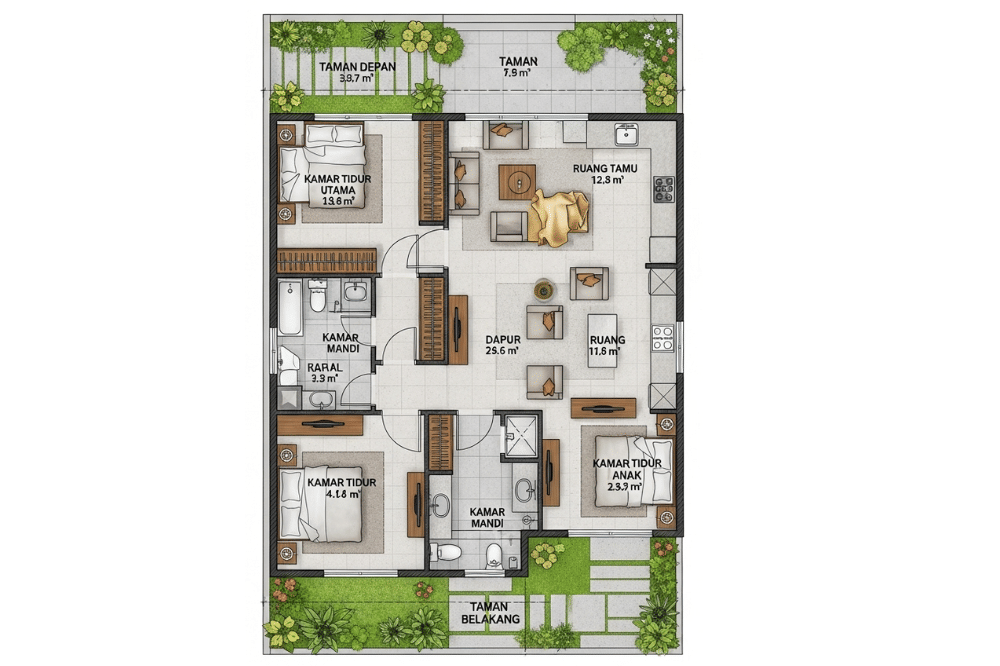 Ide Denah Rumah 3 Kamar Ukuran 7x12