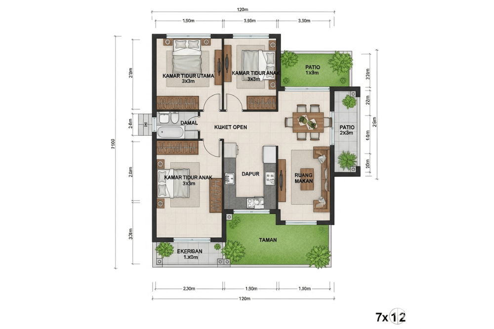 Ide Denah Rumah 3 Kamar Ukuran 7x12
