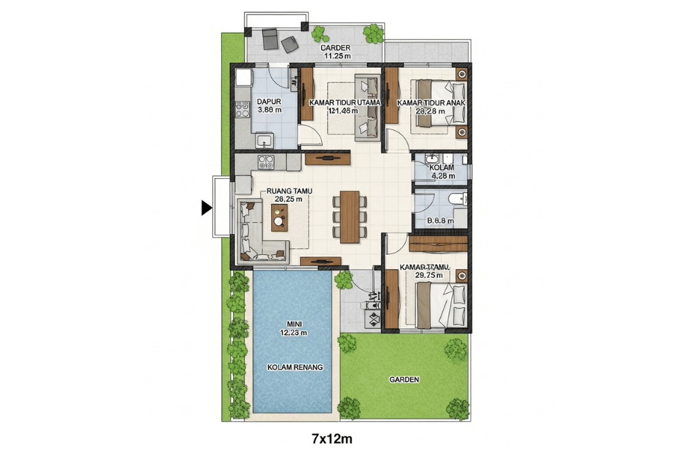 Ide Denah Rumah 3 Kamar Ukuran 7x12