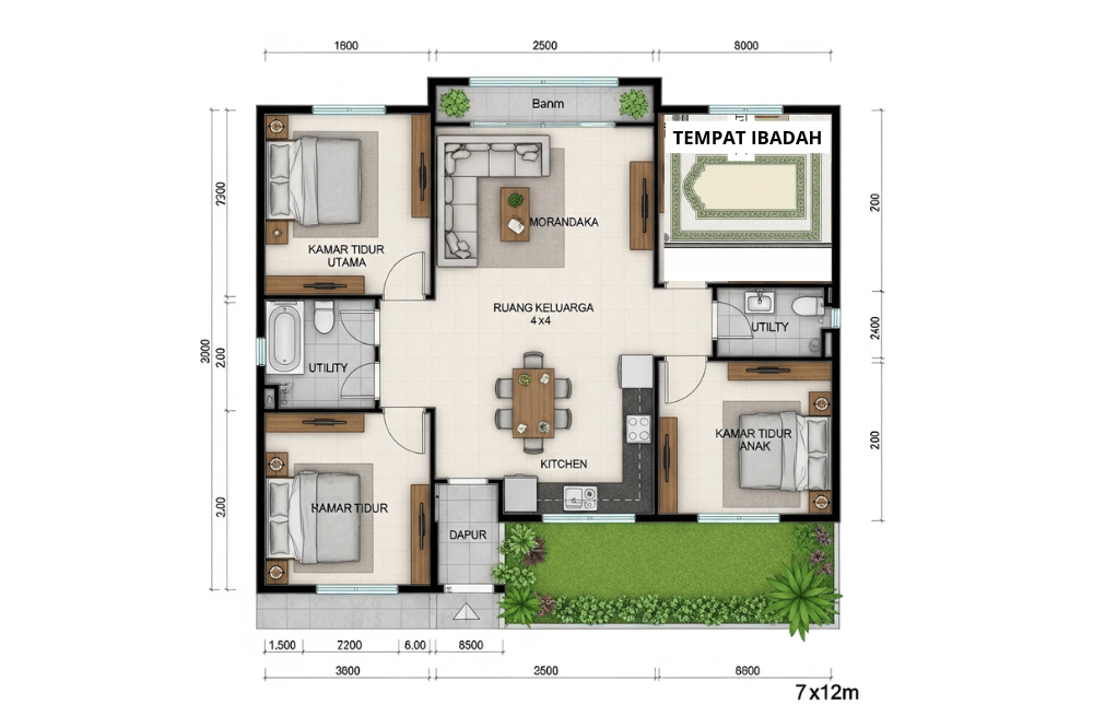 Ide Denah Rumah 3 Kamar Ukuran 7x12