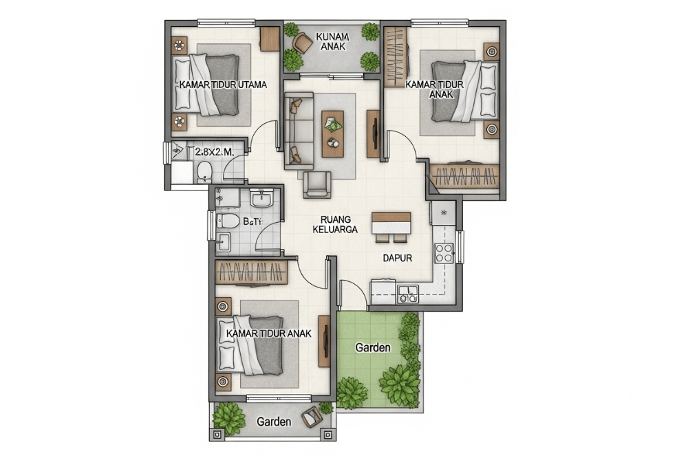 Ide Denah Rumah 3 Kamar Ukuran 7x12