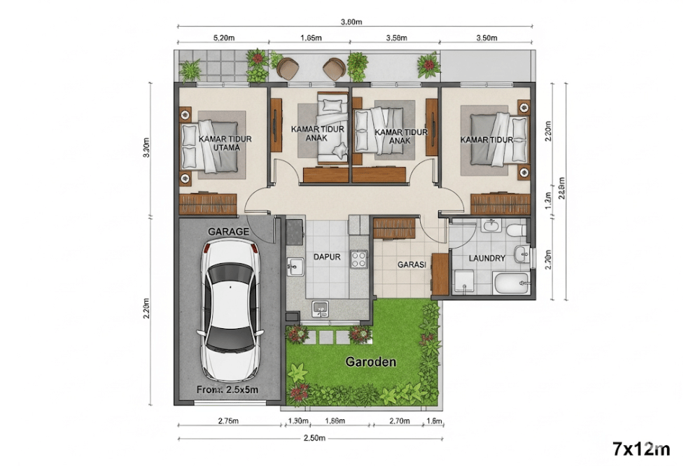 Ide Denah Rumah 3 Kamar Ukuran 7x12
