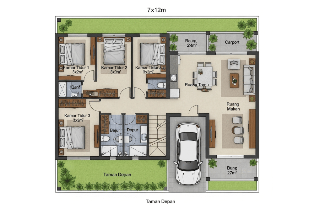 Ide Denah Rumah 3 Kamar Ukuran 7x12