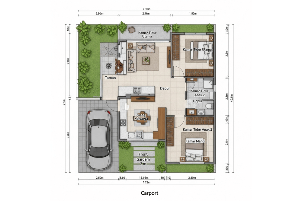 Ide Denah Rumah 3 Kamar Ukuran 7x12