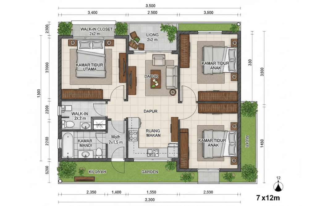 Ide Denah Rumah 3 Kamar Ukuran 7x12