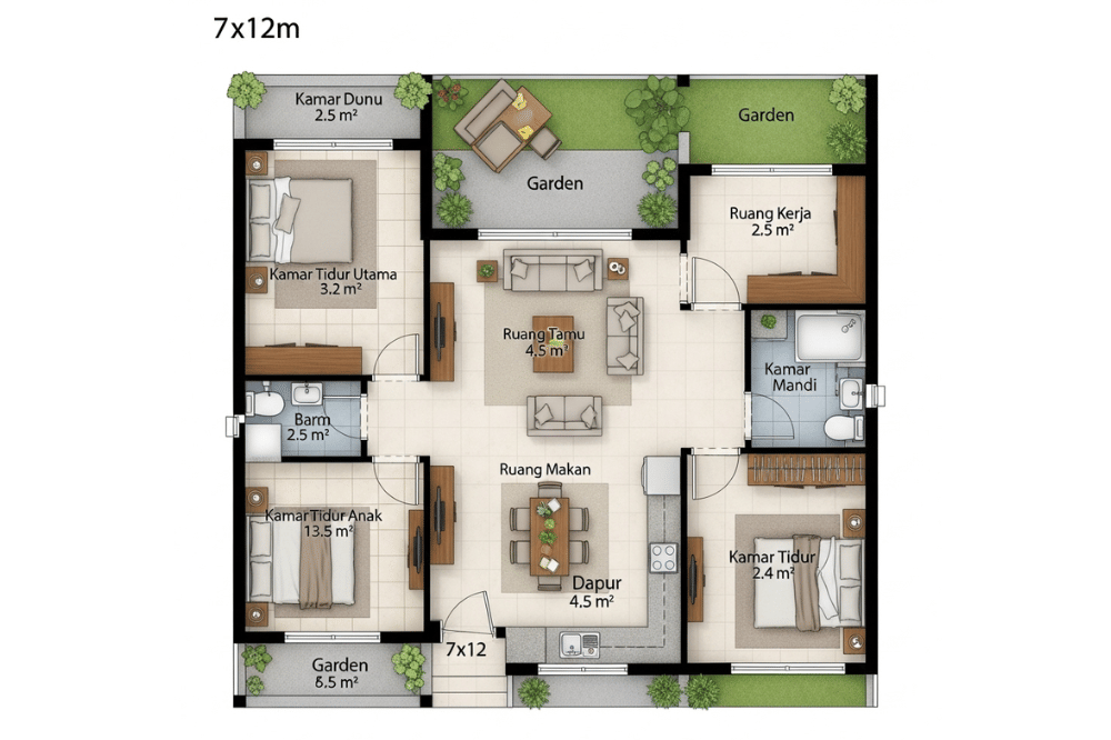 Ide Denah Rumah 3 Kamar Ukuran 7x12