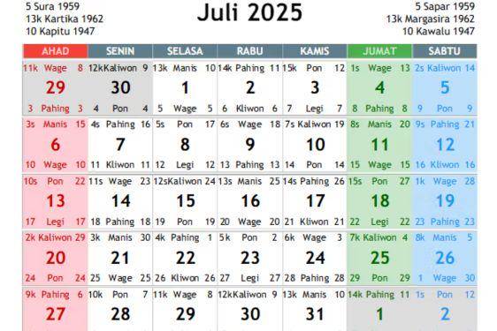 Kalender Jawa Juli 2025, Lengkap Weton dan Hari Pasaran