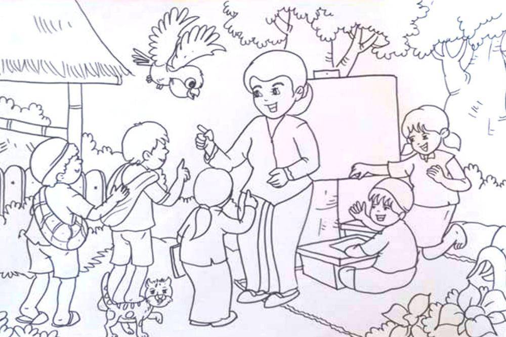 Sketsa mewarnai anak dan ibu guru