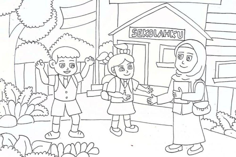 Lembar mewarnai anak dan ibu guru di sekolah
