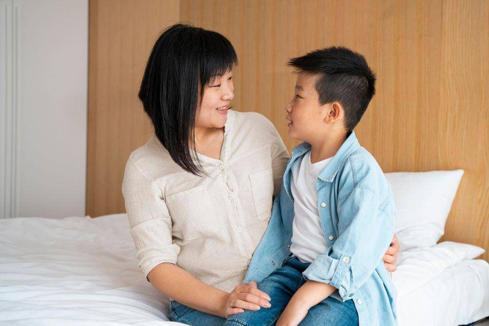 mother and kid indoors