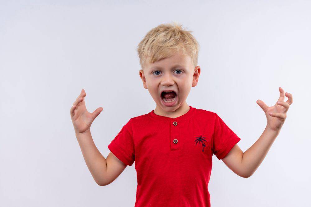 An angry little cute boy screaming