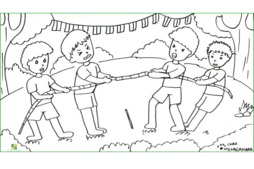 sketsa mewarnai tarik tambang