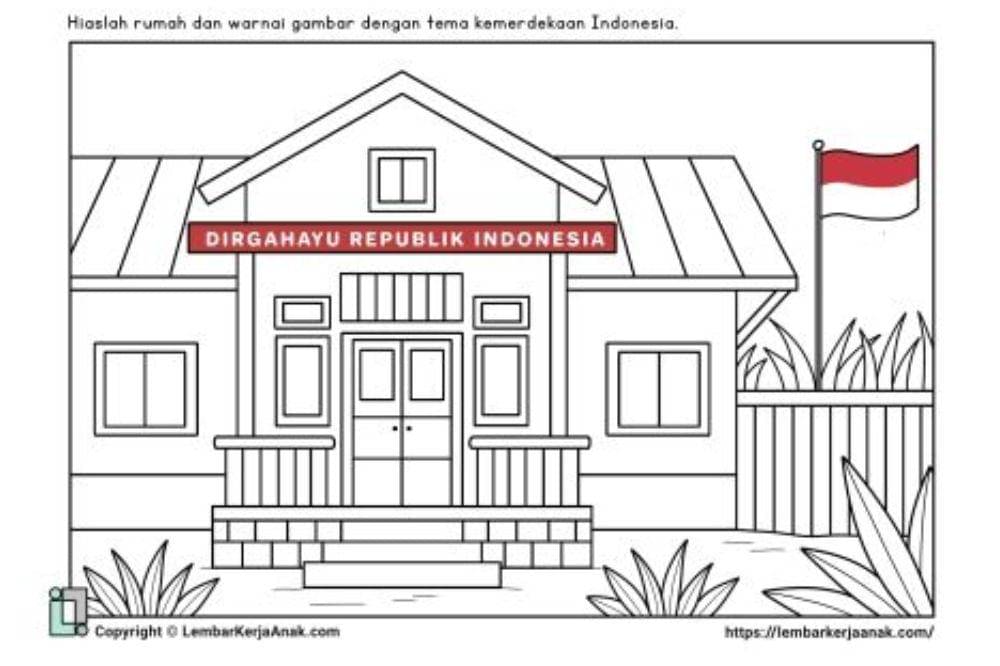 sketsa mewarnai rumah tema kemerdekaan
