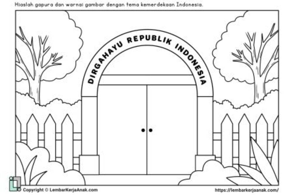 sketsa mewarnai gapura tema kemerdekaan