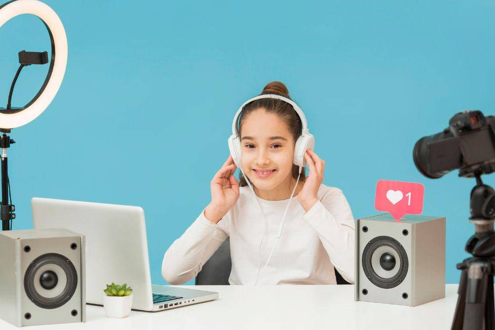young girl trying new headphones