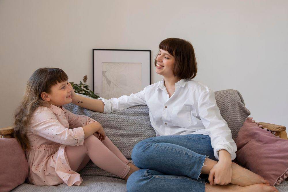 woman and kid in living room