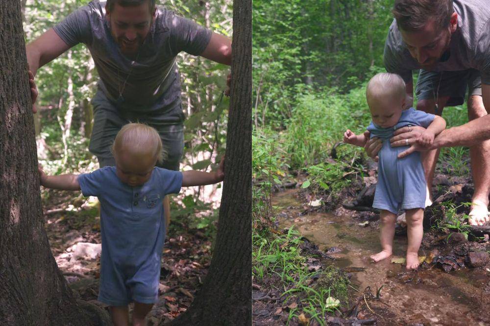 Hiking kid and dad