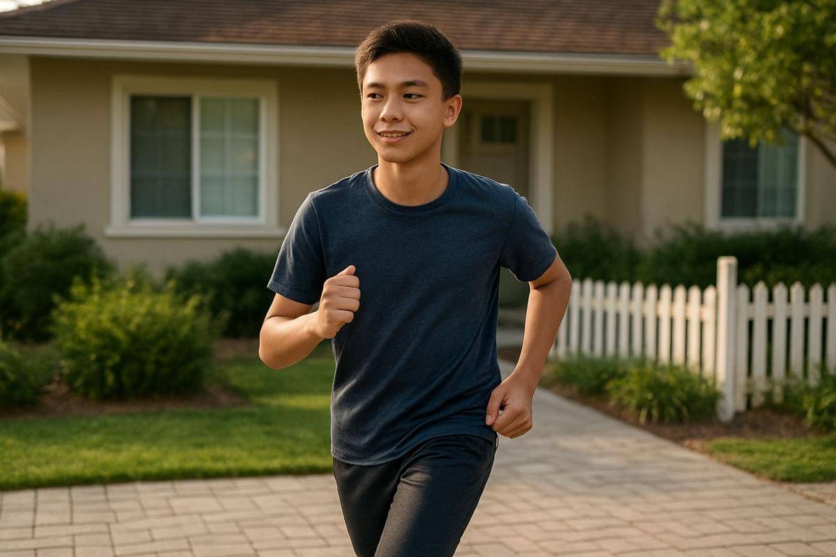 remaja laki-laki sedang berolahraga di halaman rumah