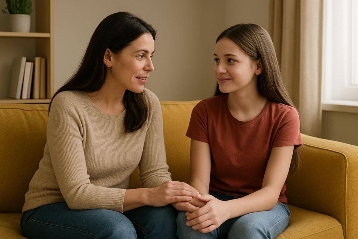 mama bicara dengan anak remaja perempuan berambut panjang