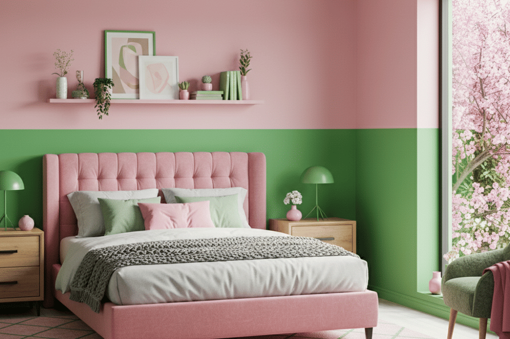 Ide Foto Kamar Kombinasi Warna Cat Hijau dan Pink