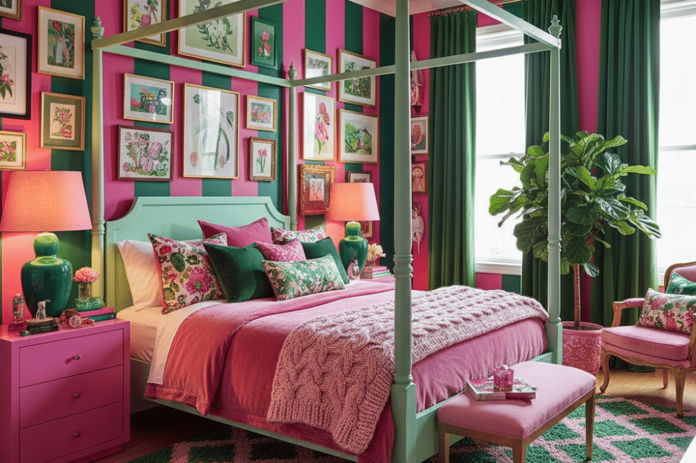 Ide Foto Kamar Kombinasi Warna Cat Hijau dan Pink