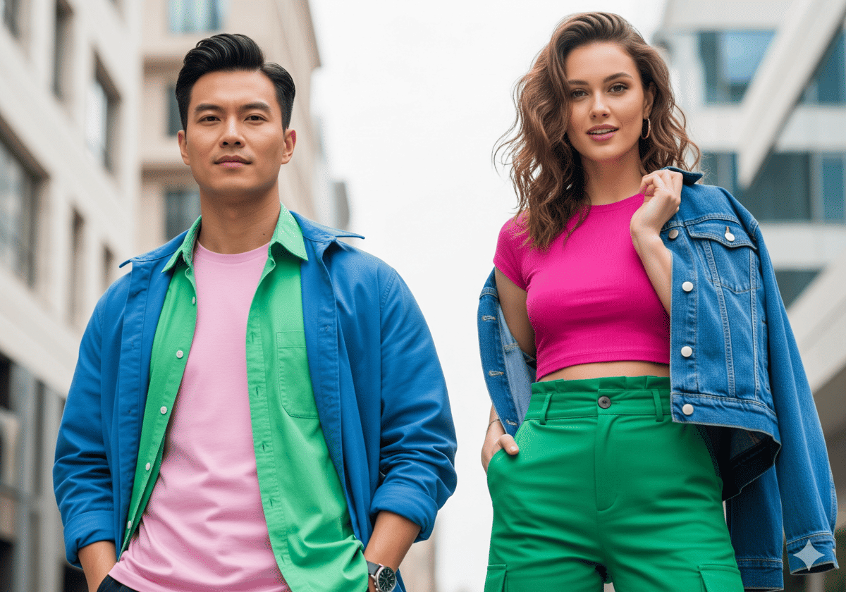 ilutsrasi outfit pink, hijau, biru