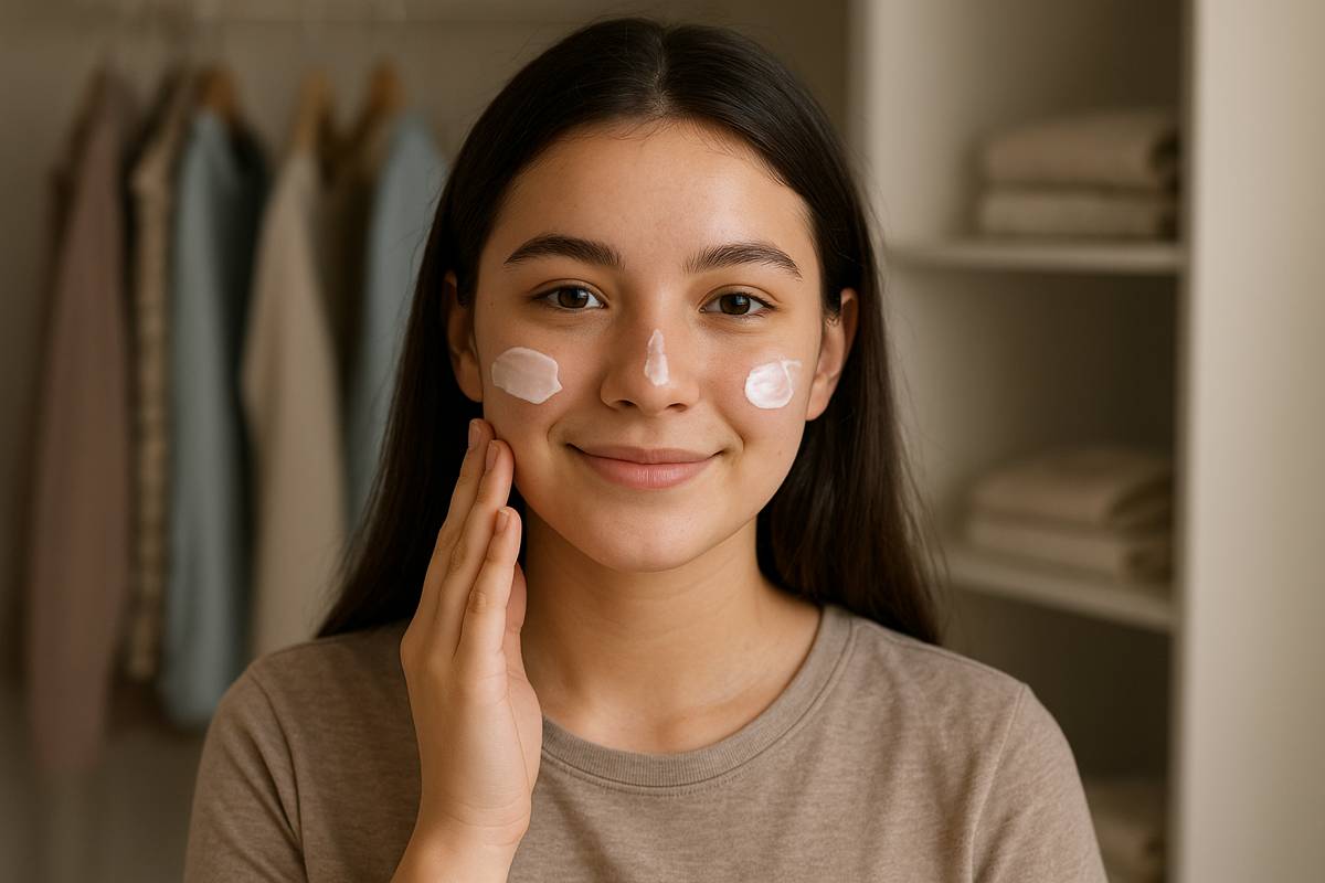 remaja perempuan menggunakan moisturizer