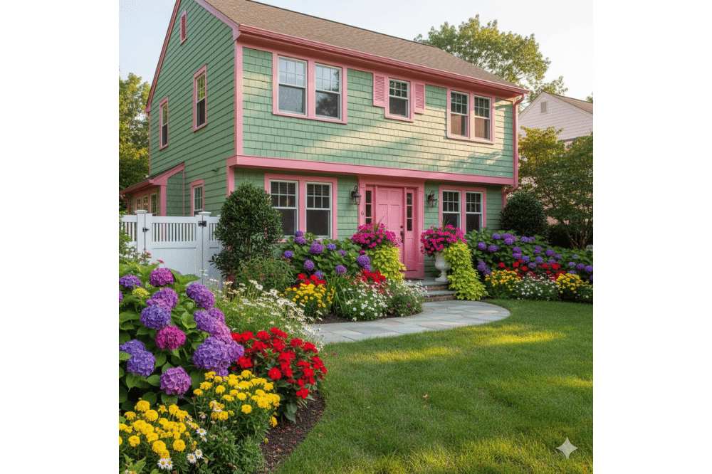 Ide Kombinasi Warna Cat Rumah Hijau dan Pink