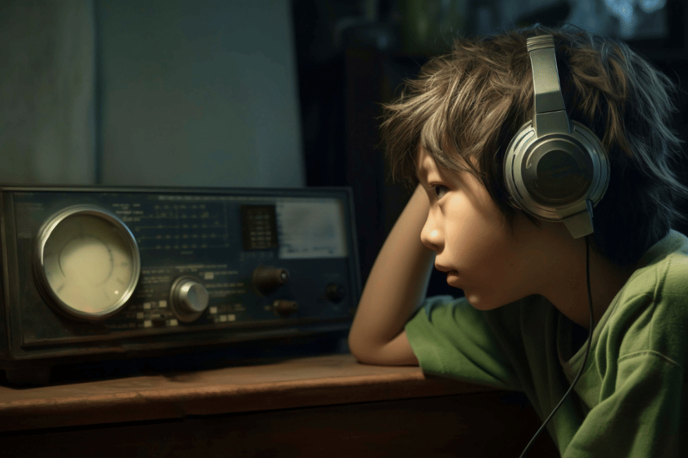 Anak mendengarkan radio