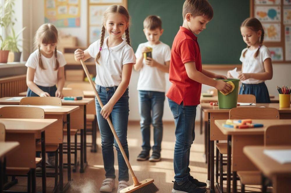 Kids cleaning classroom together