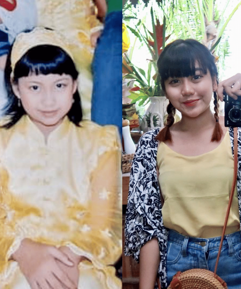 Perbandingan foto Ghea Indrawari saat kanak-kanak dan remaja
