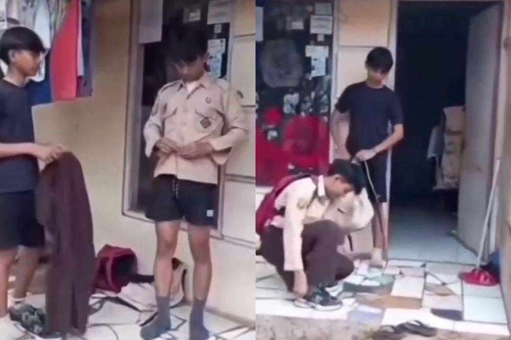 Haikal dan Haizar gantian memakai sepatu dan seragam sekolah