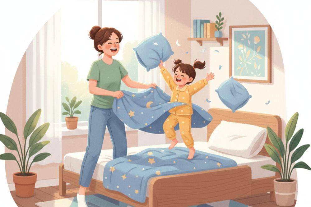 Mom and her daughter makes a bed