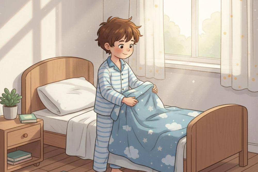 Anak merapikan tempat tidur
