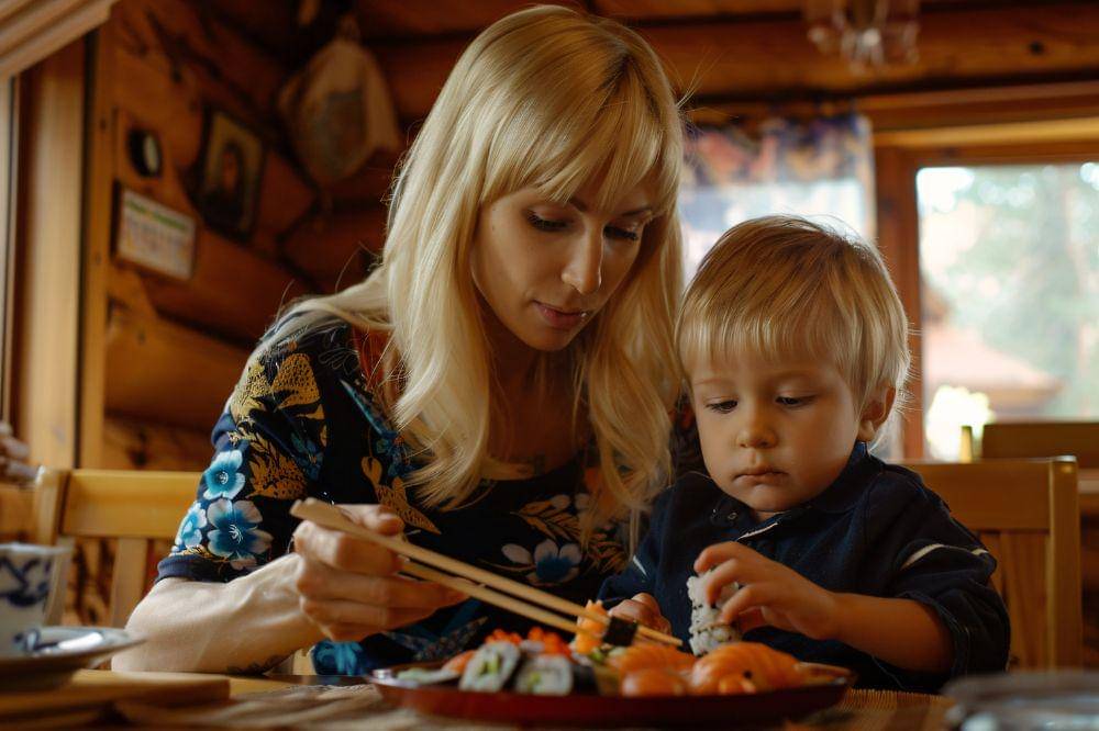 Ibu dan anak makan sushi