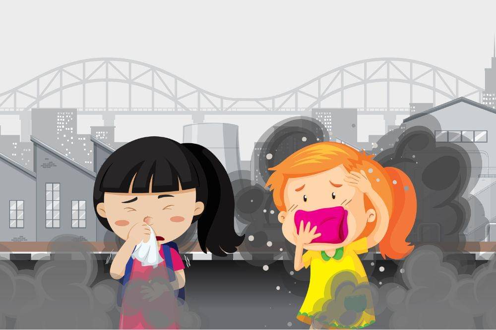 Air pollution with two girls in dirty smoked city