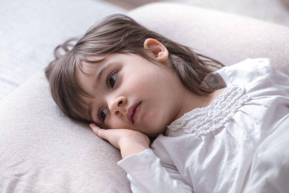 Little cute girl sad in bed