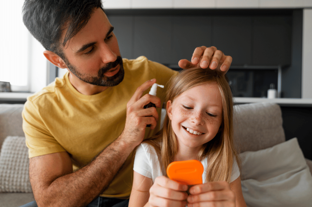 Papa membantu merapikan rambut anak