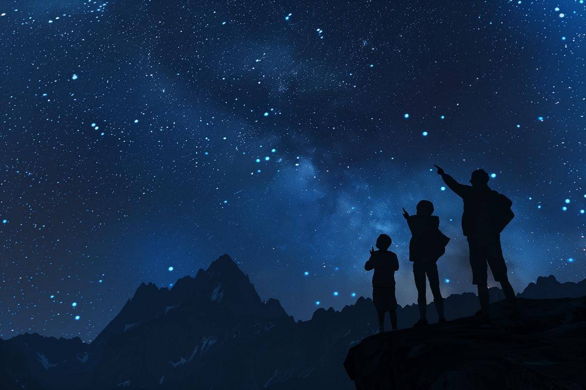 Papa ibu dan anak melihat bintang