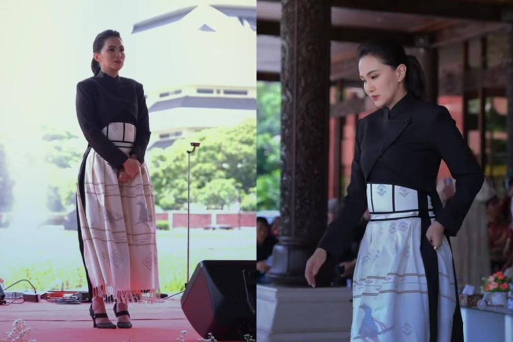 Sherly Tjoanda dengan kain tenun Tidore