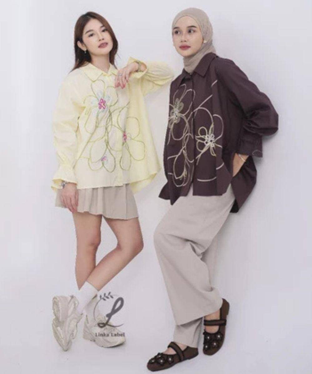 baju kemeja bordir bunga viral