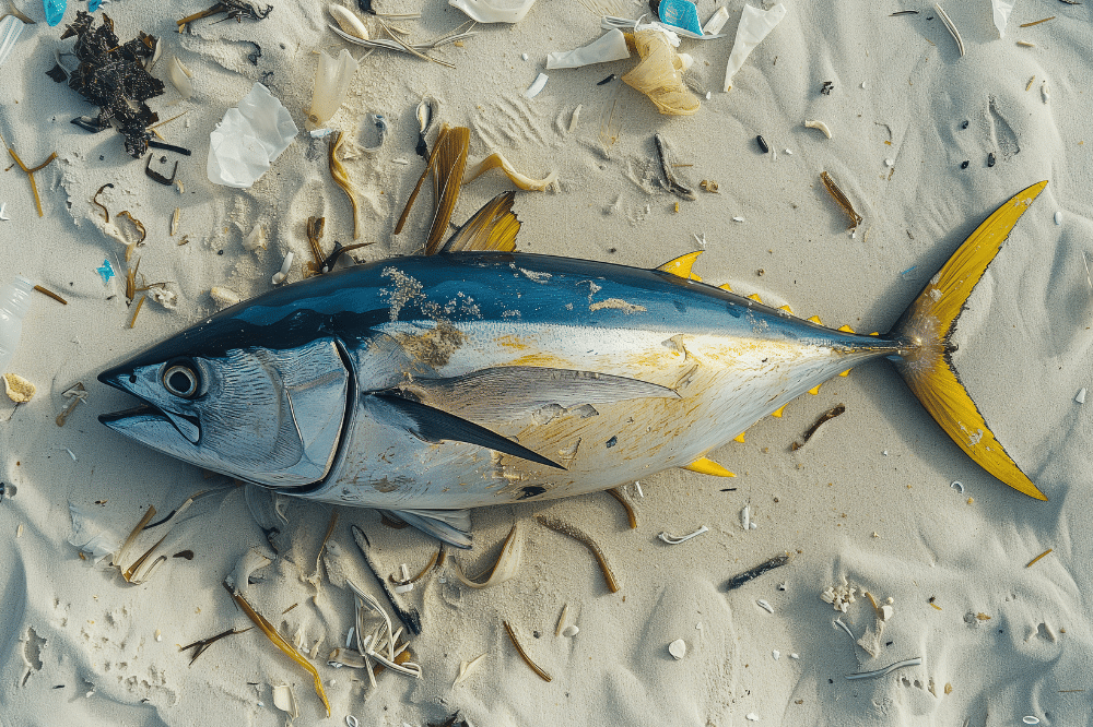 Ilustrasi ikan di pinggir pantai yang sekarat