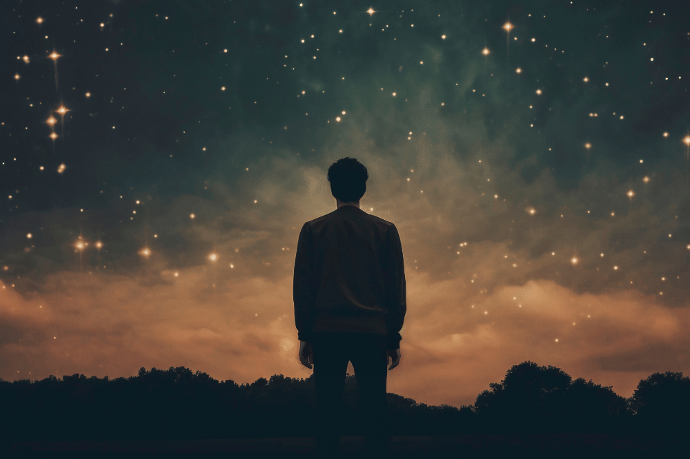 Ilustrasi laki-laki memandang hamparan bintang