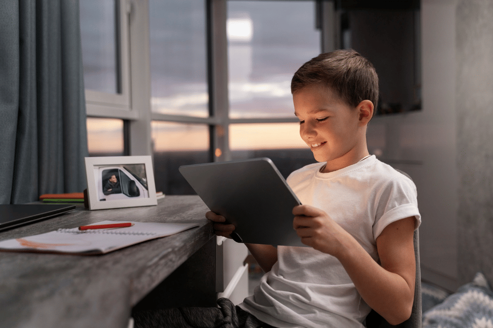 Anak laki-laki terlihat senang saat main menggunakan tablet