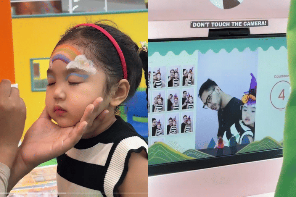 Xarena melakukan face painting, setelah itu Papa Kris dan Xarena melakukan photo booth