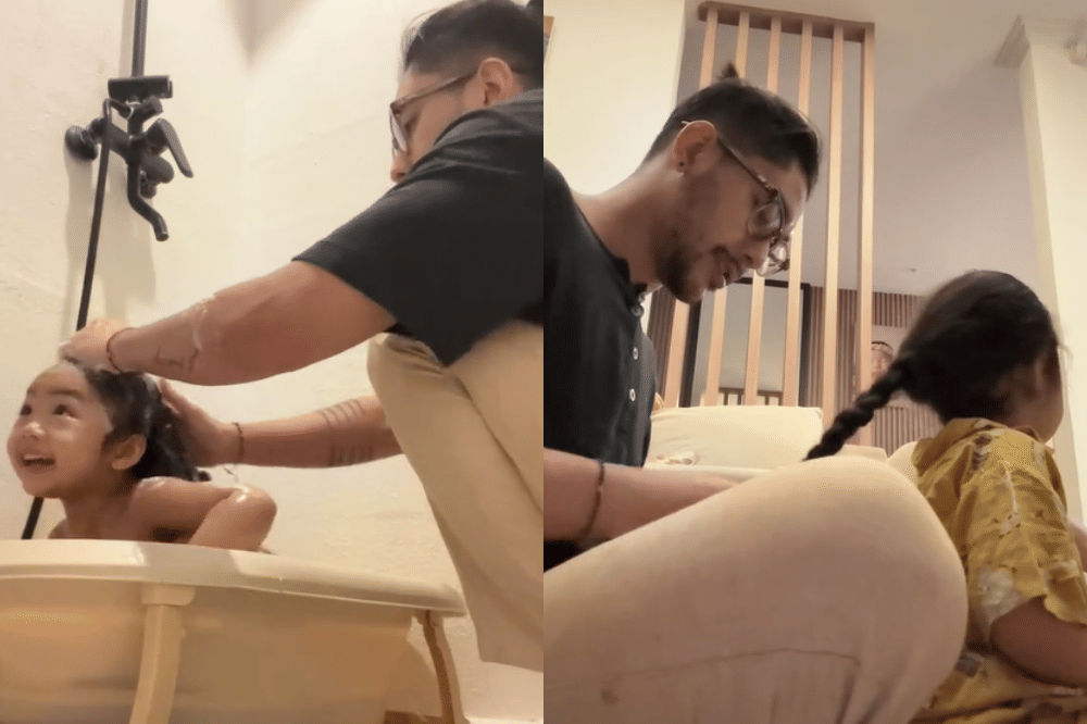 Papa Kris sedang memandikan dan mengepang rambut Xarena